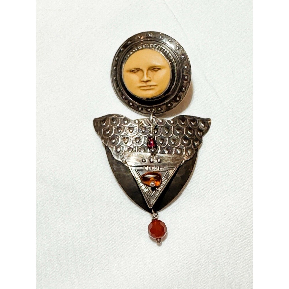 Signed Tabra Moon Face God Goddess garnet & carnelian‎ Beaded Sliver Pin Brooch